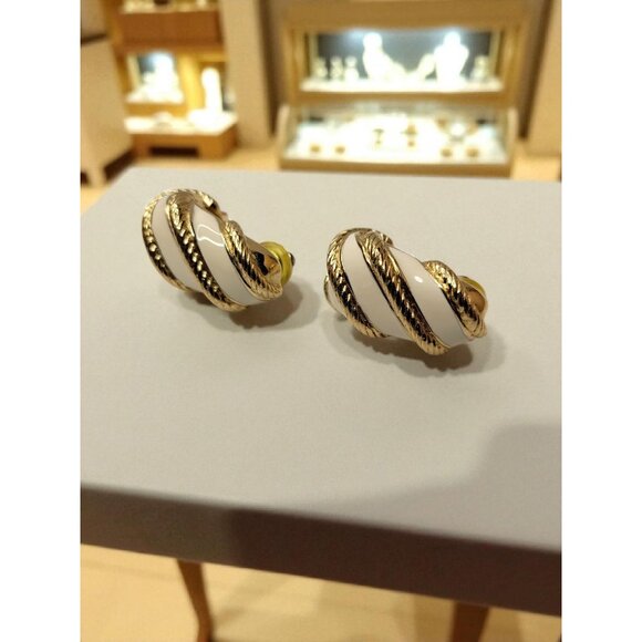 Vintage 80s-90s Signed Robert Manse Gold-tone White Enamel Twisted Rope Earrings - Picture 2 of 14